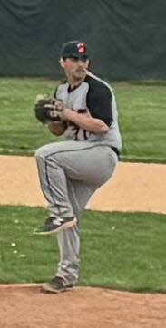 Somerville's CJ Banos, who also plays third base, pitches the seventh inning of the Pioneers 6-1 win over Montgomery on April 27, 2024