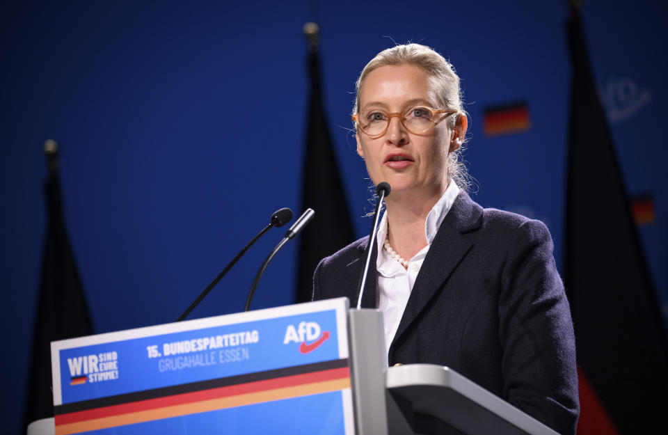 Alice Weidel, Federal Chairwoman of the AfD, speaks at the AfD's national party conference in Essen, Germany, Saturday June 29, 2024. (Bernd von Jutrczenka/dpa via AP)