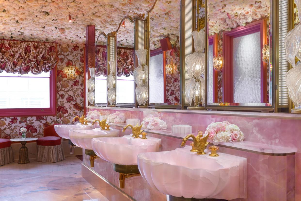 The ornate pink floral bathroom at Annabel's in London, England: Annabel's