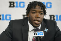 Ohio State defensive end Zach Harrison talks to reporters during an NCAA college football news conference at the Big Ten Conference media days, at Lucas Oil Stadium in Indianapolis, Friday, July 23, 2021. (AP Photo/Michael Conroy)