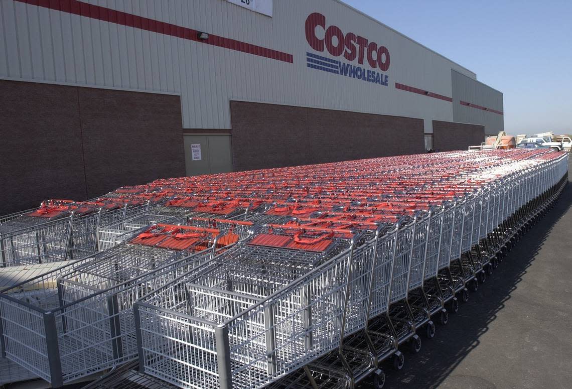 REPORTING FOR DUTY -- Shopping carts are lined-up outside the new Costco store in Turlock Friday. (Adrian Mendoza / The Modesto Bee 08202004)