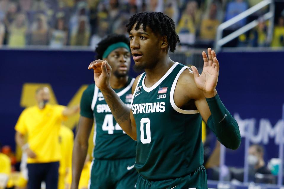 Michigan State Spartans forward Aaron Henry reacts to a call in the first half against the Michigan Wolverines at Crisler Center, March 4, 2021.