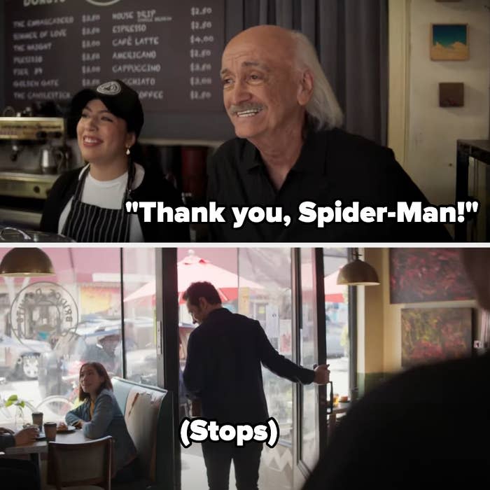 Character says, "Thank you, Spider-Man" as Ant-Man leaves a restaurant