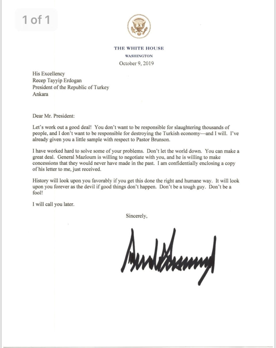 An October 9 letter from U.S. President Donald Trump to Turkey's President Turkish President Tayyip Erdogan warning Erdogan about Turkish military policy and the Kurdish people in Syria is seen after being released by the White House in Washington, U.S. October 16, 2019.  The White House/Handout via Reuters THIS IMAGE HAS BEEN SUPPLIED BY A THIRD PARTY.