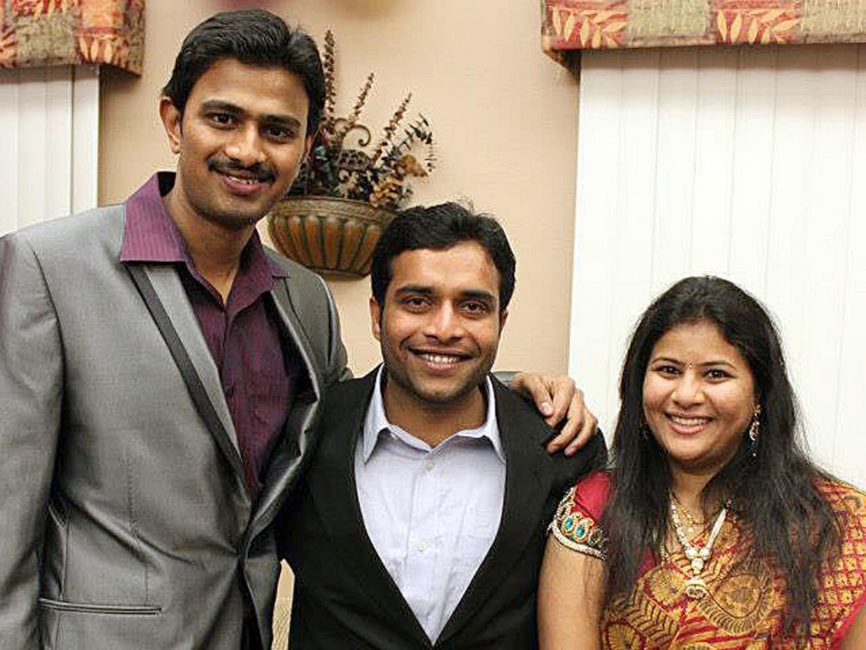 Srinivas Kuchibhotla, left, poses for photo with Alok Madasani and his wife Sunayana Dumala in Cedar Rapids, Iowa: AP