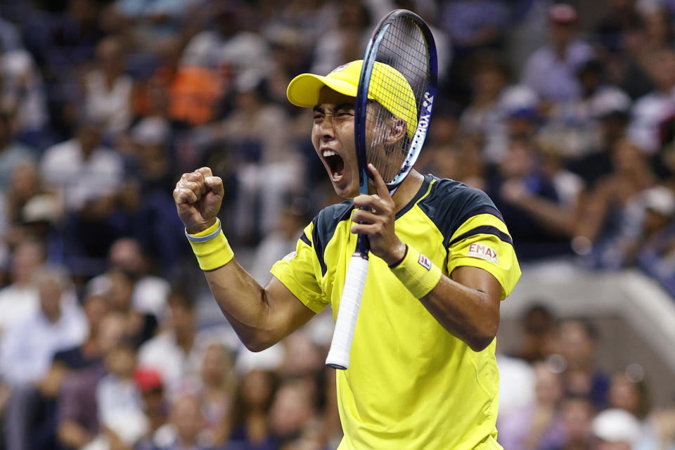 Rinky Hijikata, pictured here celebrating during his clash with Rafa Nadal at the US Open.