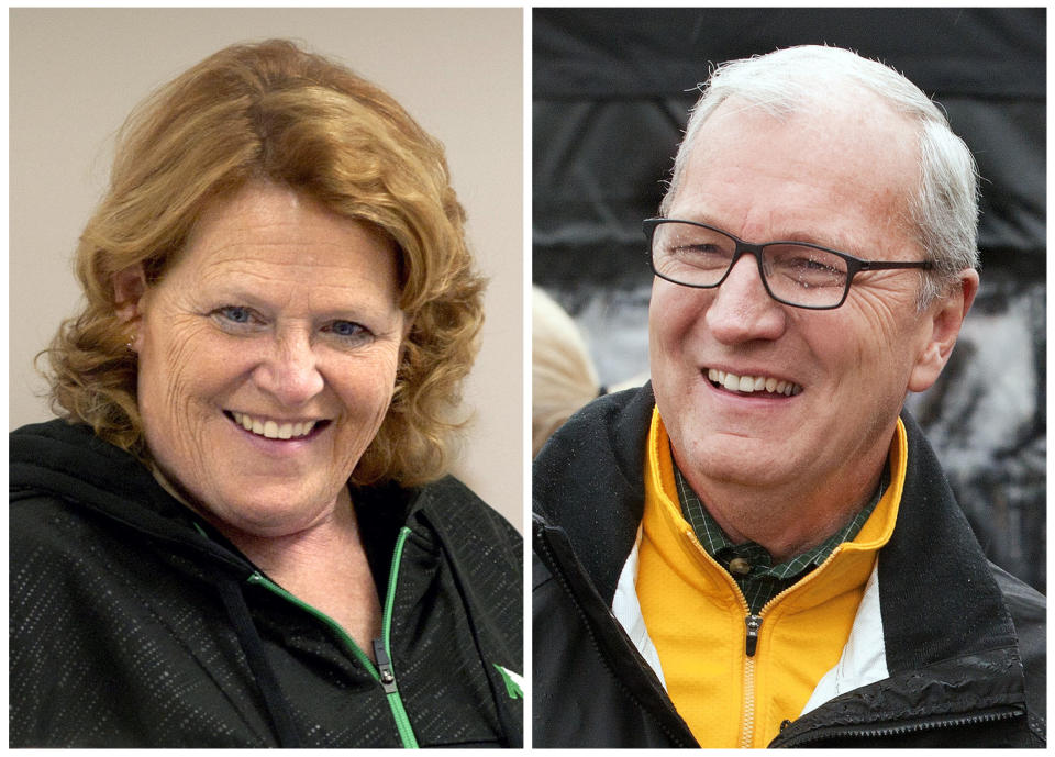 FILE - This combination of file photos shows North Dakota Senate candidates, Democratic Sen. Heidi Heitkamp, left, during a campaign stop in Grand Forks, and her Republican challenger Kevin Cramer at a campaign stop in Fargo. Heitkamp and Cramer match up in their first debate Thursday, Oct. 17, 2018 after months of bitter campaigning in a race seen as vital to Senate control. (AP Photo/Bruce Crummy, File)