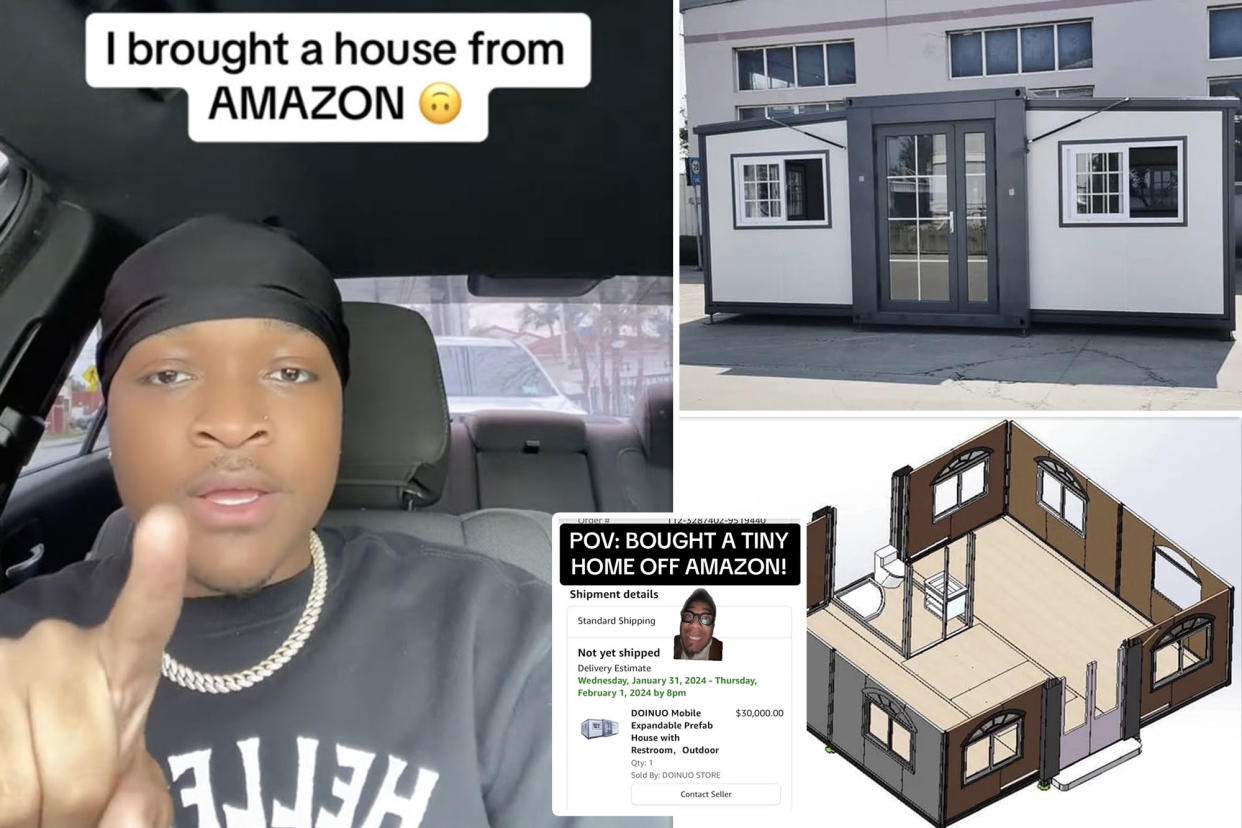 (Left) Jeffrey Bryant, 23, from Los Angeles, California, bought a $26,000 home from Amazon. (Top and bottom right) Pics of Amazon home. (Inset) A screenshot of a TikTok user's Amazon home purchase.