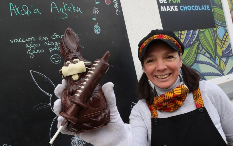 Belgian chocolate maker Genevieve Trepant shows off her pandemic-inspired creation - Reuters