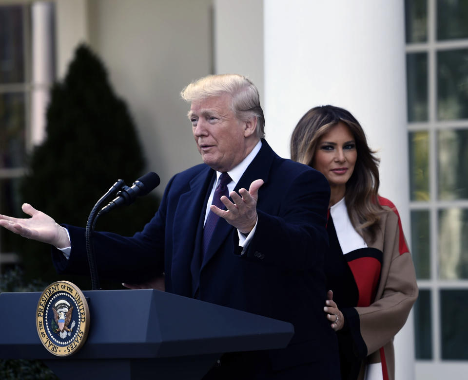 President Trump arrives for the annual turkey pardoning ceremony at the White House in Washington, D.C., on Nov. 20, 2018 as first lady Melania Trump looks on. (Photo: Brendan Smialowski/AFP/Getty Images)