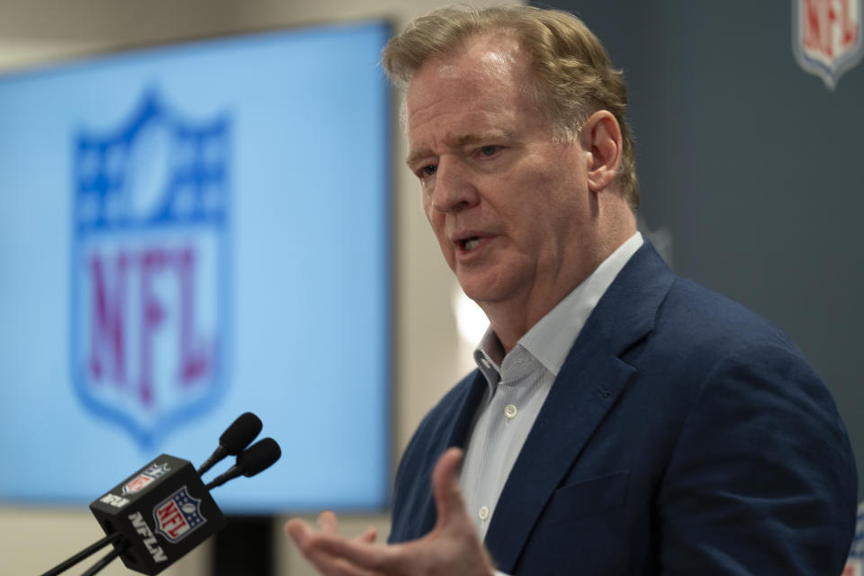 NFL Commissioner Roger Goodell responds to questions during a news conference after the football league's owners spring meetings Wednesday, May 22, 2024, in Nashville, Tenn. (AP Photo/George Walker IV)