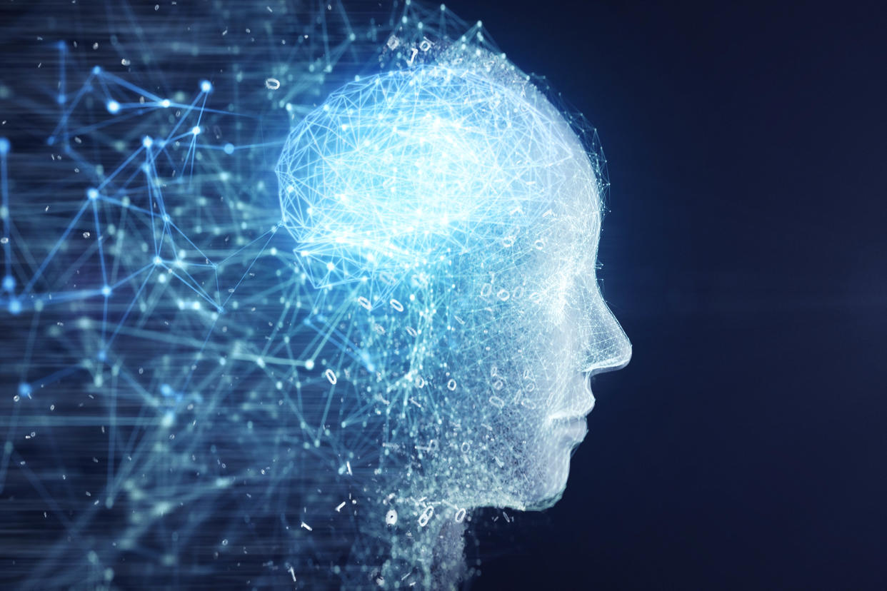 Side face of AI robot and brain by network form.