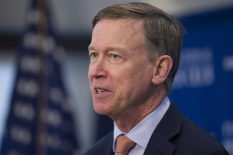 Former Colorado Governor John Hickenlooper speaks during a media availability at the National Press Club, Thursday, June 13, 2019, in Washington. (AP Photo/Alex Brandon)