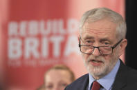 Britain's Labour Party leader Jeremy Corbyn speaks during a visit to Hastings, south east England, Thursday Jan. 17, 2019. Jeremy Corbyn said Prime Minister Theresa May's offer of cross-party talks on a new Brexit deal is a "stunt" because she will not rule out leaving the European Union without an agreement. Corbyn is refusing to meet May until she takes no-deal "off the table." (Gareth Fuller/PA via AP)