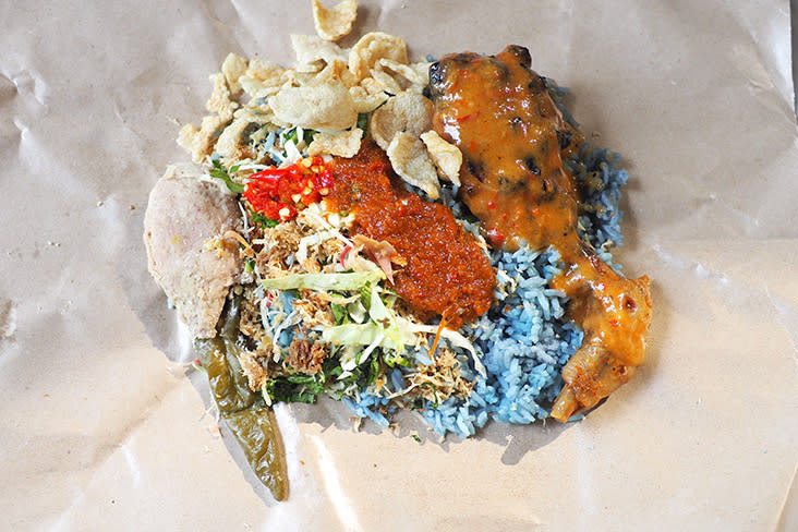 The 'nasi kerabu' is a delicious affair with plump 'solok lada' and a lovely 'ayam percik'.