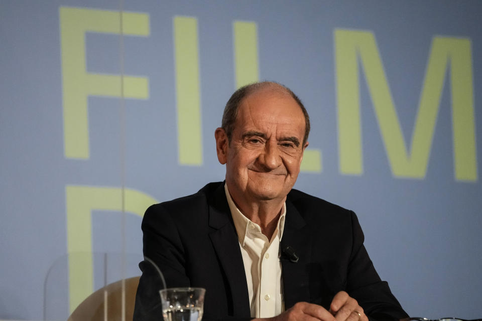 Festival president Pierre Lescure during the presentation of the official selection of the 74th International Cannes Film Festival, in Paris, Thursday, June 3, 2021. (AP Photo/Francois Mori)