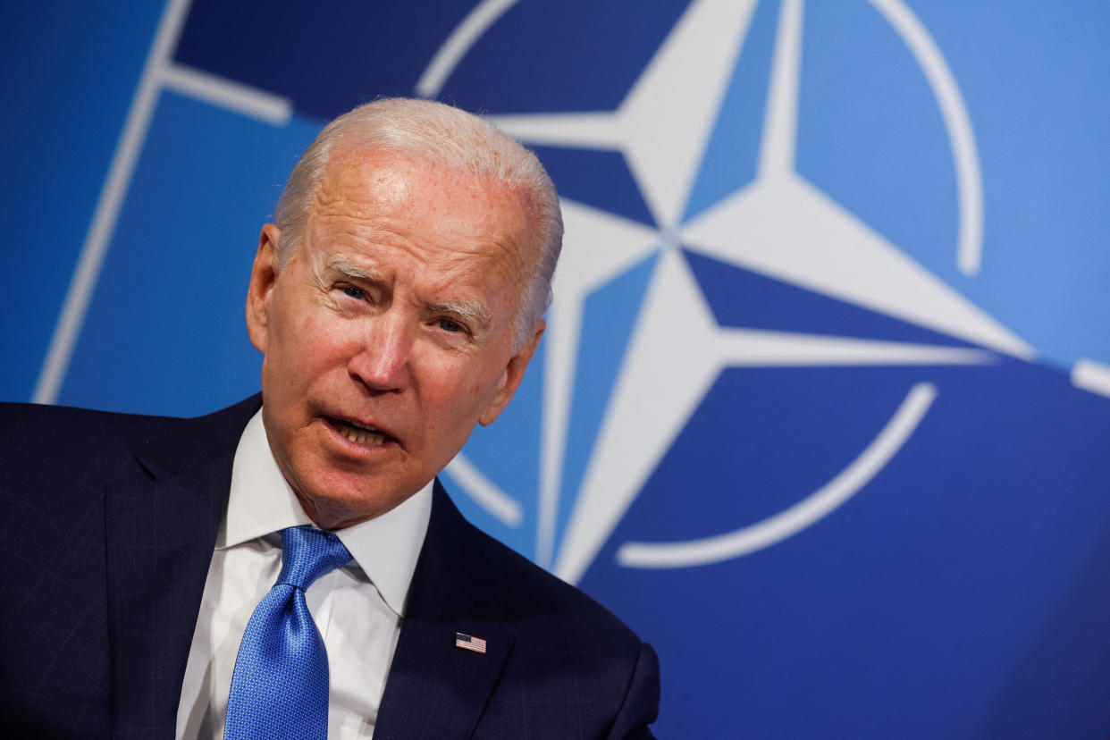 President Biden at the start of the NATO summit at the IFEMA arena in Madrid, Spain, June 29, 2022. (Jonathan Ernst/Reuters)