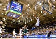 <p>DURHAM, NORTH CAROLINA – NOVEMBER 14: Zion Williamson #1 of the Duke Blue Devils dunks against the Eastern Michigan Eagles during the first half of their game at Cameron Indoor Stadium on November 14, 2018 in Durham, North Carolina. (Photo by Grant Halverson/Getty Images) </p>
