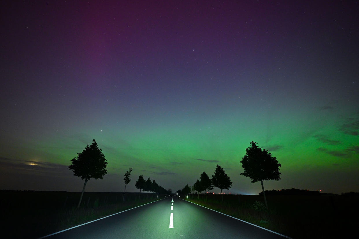 Light green and slightly reddish auroras glow in the night sky in East Brandenburg, Germany, on May 10, 2024. The northern lights (aurora borealis) are produced by a cloud of electrically charged particles from a solar storm in the earth's atmosphere.  / Credit: Patrick Pleul/picture alliance via Getty Images