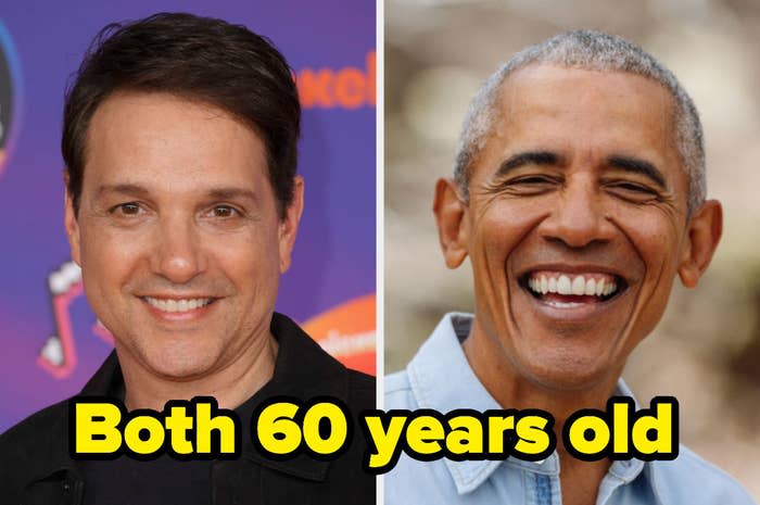 Side-by-side photos of Ralph Macchio and Barack Obama, with text that reads, "Both 60 years old"