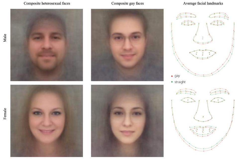 Una ilustración proveniente de la investigación de científicos de Stanford sobre la identificación de la orientación sexual de una persona mediante tecnología de reconocimiento facial. (Stanford University/Michal Kosinski/YilunWang)