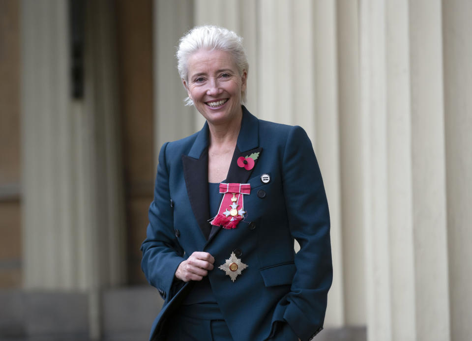 November: Emma Thompson accepts her damehood in trainers and a suit