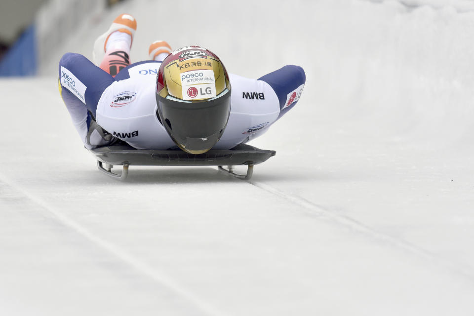 Yun Sung Bin from South Korea at the start of the ice channel in the first run of the men's Skeleton world cup in Winterberg, Germany, Sunday, Jan.5, 2019. (Caroline Seidel/dpa via AP)