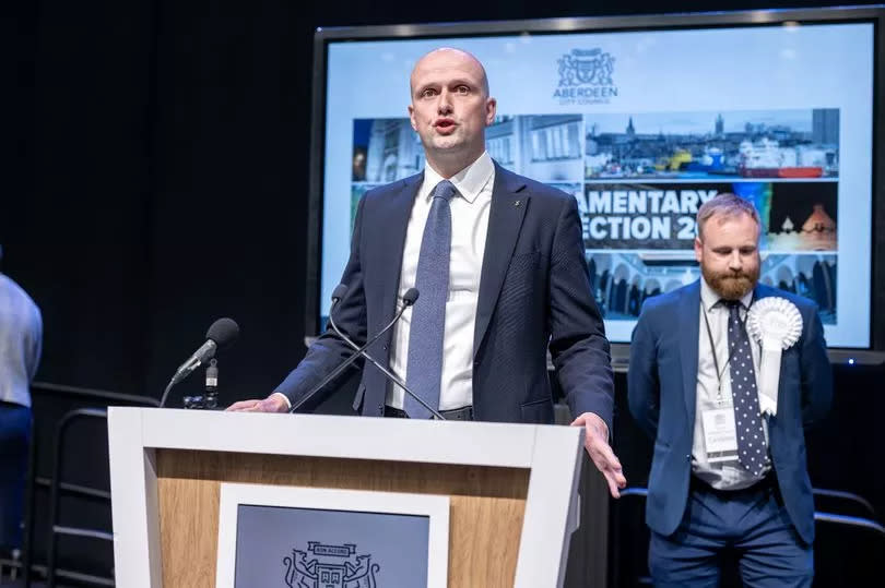 SNP's Westminster leader Stephen Flynn, gives a victory speech after being declared the winner of the Aberdeen South constituency