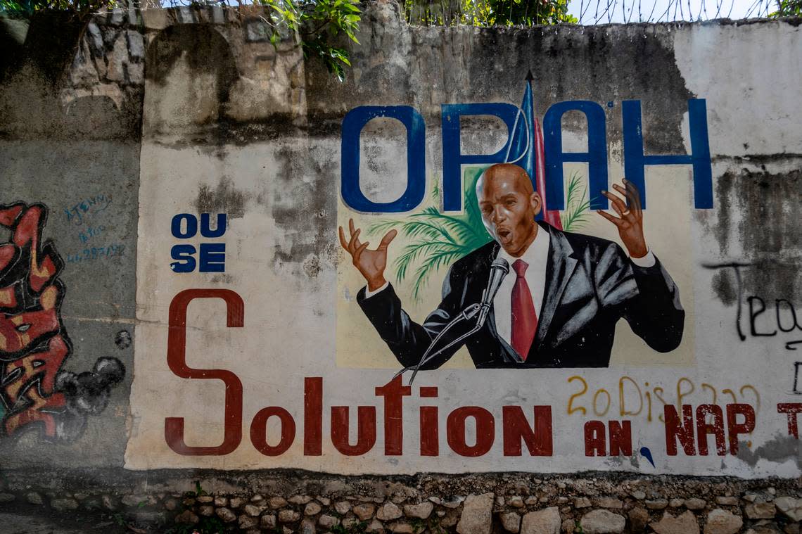 A mural of late Haitian President Jovenel Moïse located not far from where he was shot to death in the middle-of-the-night inside his bedroom in the hills above Port-au-Prince.