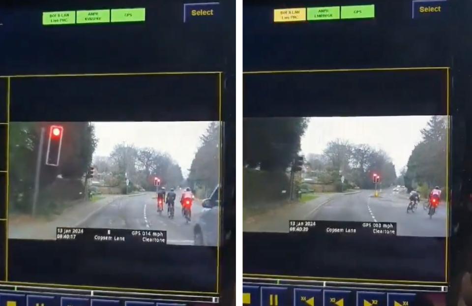 The original video Surrey Road Safe shared showed a police officer driving behind four cyclists who were fined for turning right. (Surrey Road Safe / via Twitter)