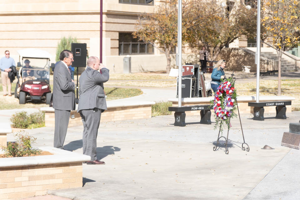 Dr, Rodney Gonzalez, the director of the Amarillo VA and Walter Wendler, president of WT pay tribute to veterans at a community ceremony Friday at West Texas A&M University in Canyon.