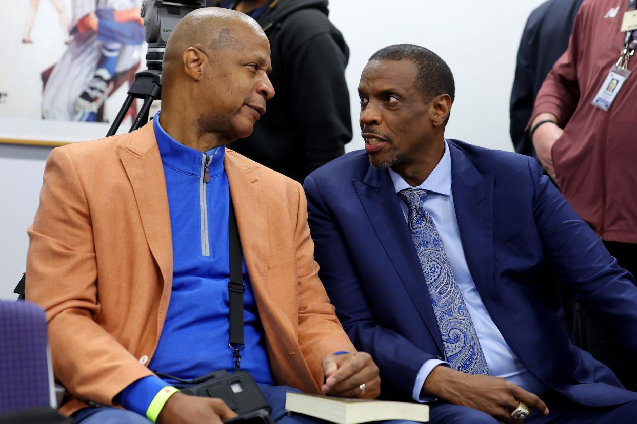 New York Mets former pitcher Dwight Gooden (right) speaks to former teammate Darryl Strawberry before meeting the media in a press conference before a game against the Kansas City Royals on April 14, 2024, at Citi Field. The Mets will retire Gooden's number 16 in a ceremony before the game. M\