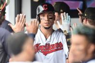 May 19, 2019; Cleveland, OH, USA; Cleveland Indians left fielder Carlos Gonzalez (24) celebrates after scoring during the third inning against the Baltimore Orioles at Progressive Field. Mandatory Credit: Ken Blaze-USA TODAY Sports