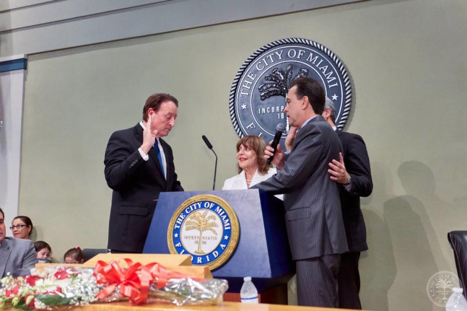 Former Florida Senate President Bill Galvano, an attorney who represented the Bradenton area, swore in Commissioner Alex Díaz de la Portilla on Dec. 7, 2019 at Miami City Hall.