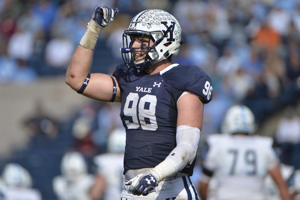 NEW HAVEN, CT - OCTOBER 28: Yale Bulldogs defensive end Kyle Mullen (98) gestures to the croud during the game between the Yale Bulldogs and the Columbia Lions on October 28, 2017 at Yale Bowl in New Haven, CT. (Photo by Williams Paul/Icon Sportswire via Getty Images)