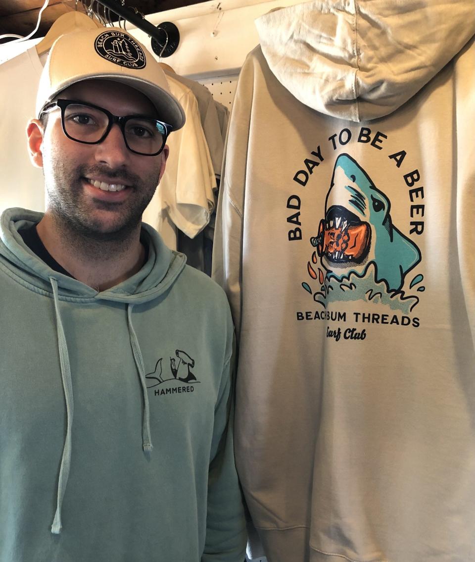 Michael DiSalvo operates a clothing line, Beach Bum Threads, with his wife, Justine. The DiSalvos sell their clothes at a new shop they recently opened in Ogunquit, Maine.