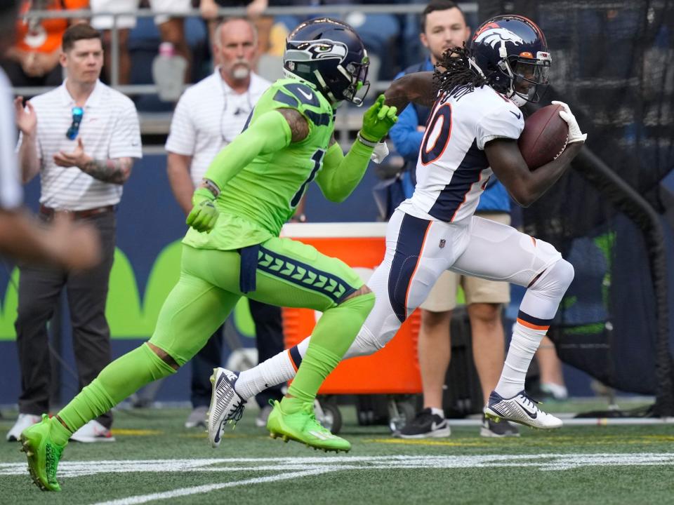 Jerry Jeudy runs past his defender against the Seattle Seahawks.