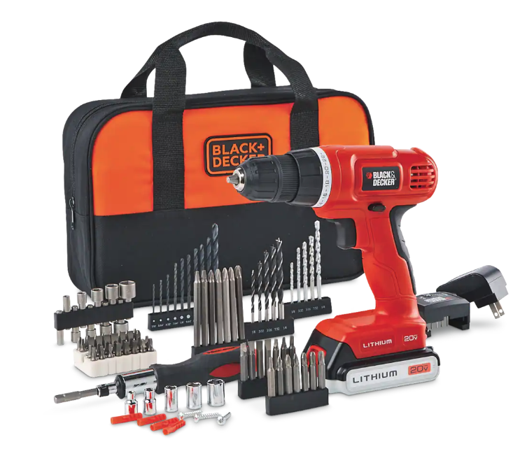 Black + Decker 20V Cordless Drill with Battery, Charger & 100-pc Accessory Set. Image via Canadian Tire.