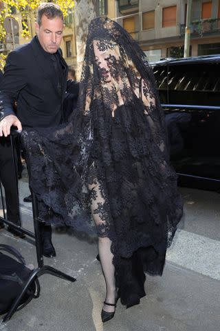 <p>Jacopo Raule/Getty </p> Madonna arrives at the Dolce & Gabbana runway show on Sept. 21, 2024