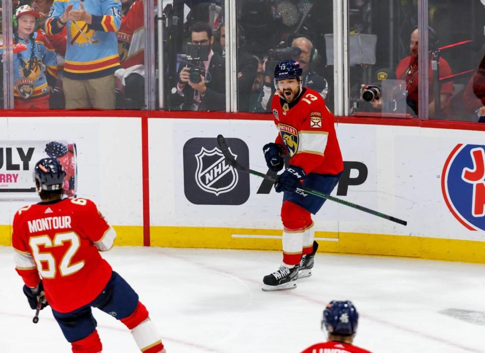Florida Panthers defenseman Brandon Montour (62) celebrates with teammate Panthers center Sam Reinhart (13) after scoring a goal during the second period of Game 4 of the NHL Stanley Cup Final against the Vegas Golden Knights at the FLA Live Arena on Saturday, June 10, 2023, in Sunrise, Florida.