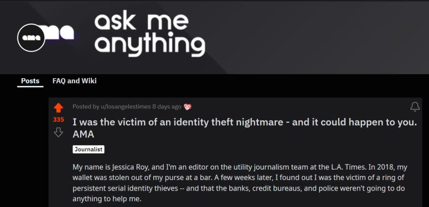 A screenshot of a Reddit "Ask Me Anything" with L.A. Times reporter Jessica Roy.