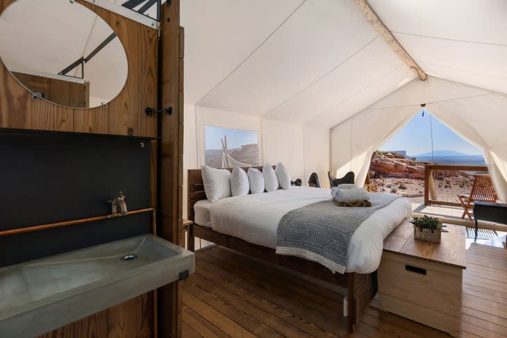 Interior of deluxe tent with private bath at Under Canvas Lake Powell-Grand Staircase