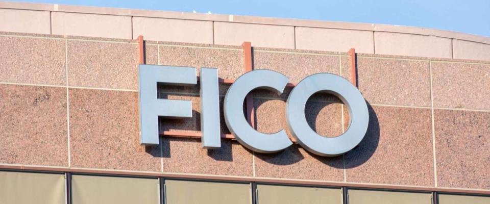 FICO sign on headquarters of Fair Isaac Corporation in Silicon Valley. FICO is  a data analytics company focused on credit scoring services - San Jose, California, USA - June 16, 2019