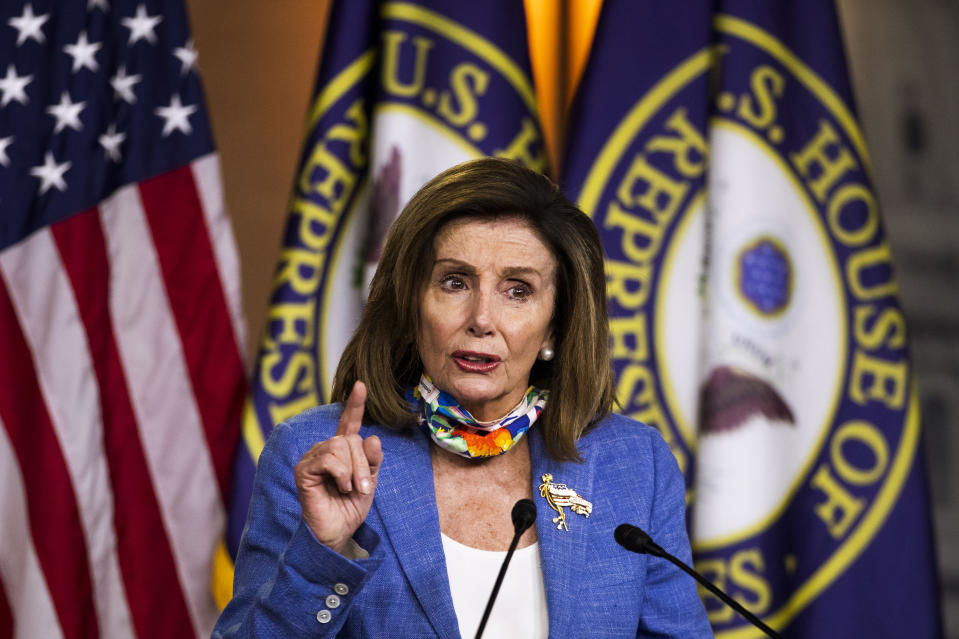 House Speaker Nancy Pelosi of Calif., speaks during a news conference on Capitol Hill, Thursday, July 2, 2020, in Washington. (AP Photo/Manuel Balce Ceneta)