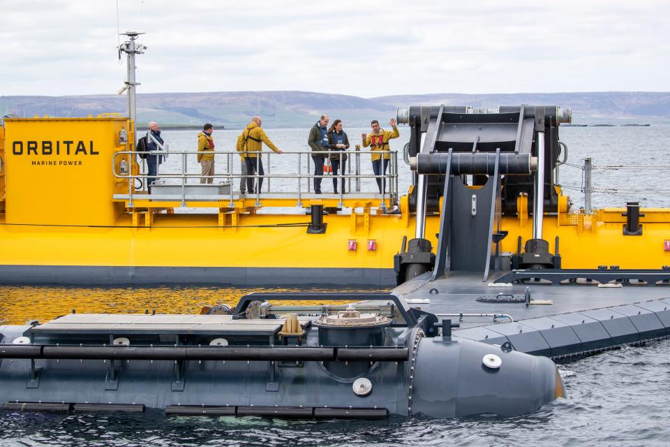 Britain's Prince William and Kate, Duchess of Cambridge on board HMS Puncher during their visit to the Orbital tidal energy turbine at the European Marine Energy Centre, in Orkney, Scotland in 2021, to learn about Orkney's push for carbon zero and hydrogen power.