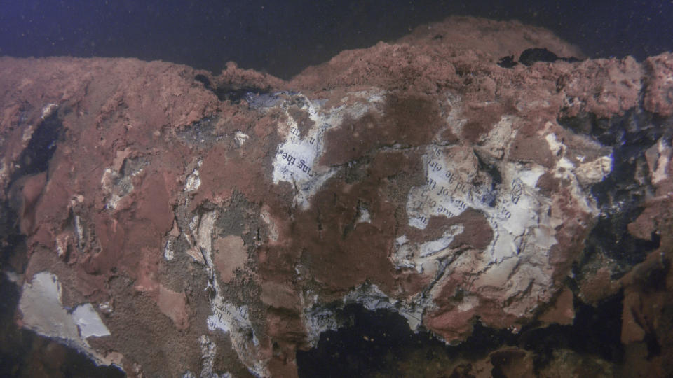 An image from marine imaging technologies shows part of what appears to be a book or magazine in an interior cabin of the U.S.S. Arizona. | National Park Service