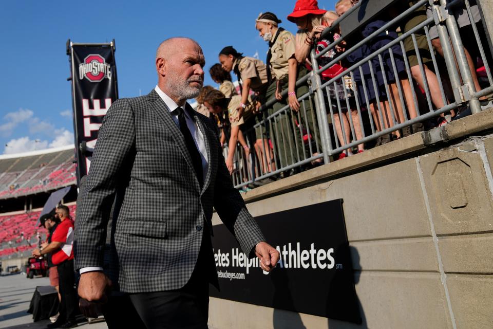 Sep 17, 2022; Columbus, Ohio, USA; Ohio State Buckeyes defensive coordinator Jim Knowles enters Ohio Stadium prior to the NCAA Division I football game against the Toledo Rockets. Mandatory Credit: Adam Cairns-The Columbus Dispatch