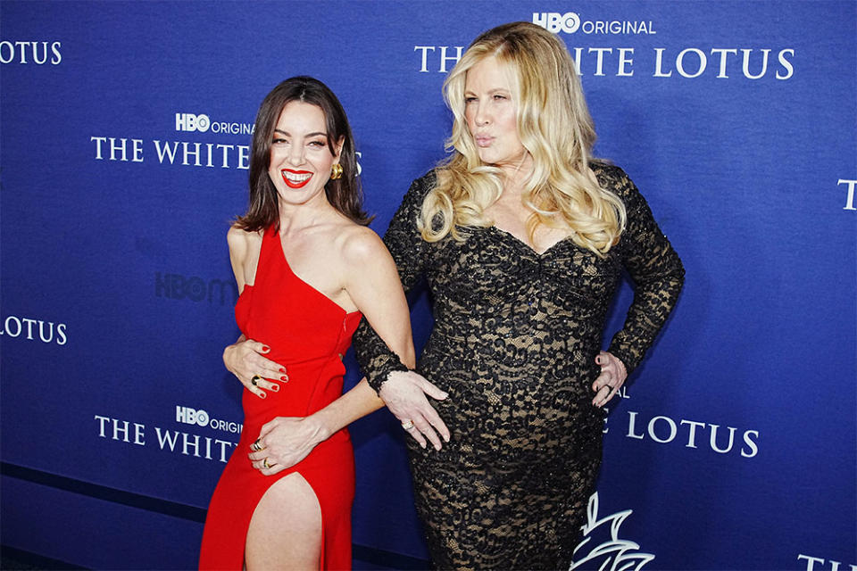 Aubrey Plaza and Jennifer Coolidge attend the Los Angeles season 2 premiere of HBO original series "The White Lotus" at Goya Studios on October 20, 2022 in Los Angeles, California.