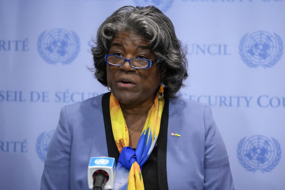 FILE - Linda Thomas-Greenfield, United States Ambassador to the United Nations, speaks after a meeting of the United Nations Security Council Thursday, Aug. 24, 2023, at United Nations headquarters. The United States has signed a memorandum with several of the world’s biggest social media companies aimed at preventing the use of their platforms for the distribution of synthetic drugs. Thomas-Greenfield told the signing ceremony Thursday, July 11, 2024, that “Technology companies have a critical role to play in both stopping the illegal manufacturing, trafficking and marketing of synthetic drugs, and just as importantly, educating the public.” (AP Photo/John Minchillo, File)