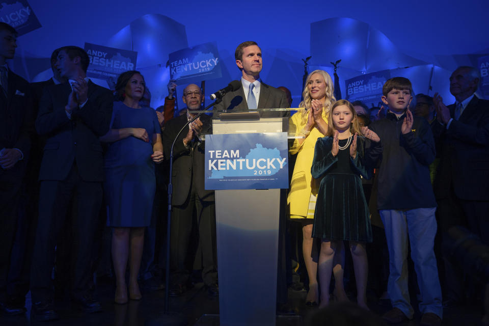 Democratic gubernatorial candidate and Kentucky Attorney General Andy Beshear speaks at the Kentucky Democratic Party election night watch event, Tuesday, Nov. 5, 2019, in Louisville, Ky. (AP Photo/Bryan Woolston)